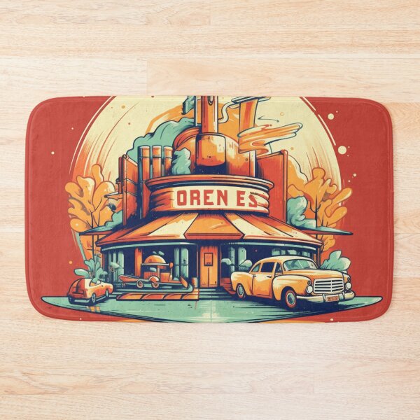 Item preview, Yellow vintage car in front of a classic diner designed and sold by GoodOldVintage.