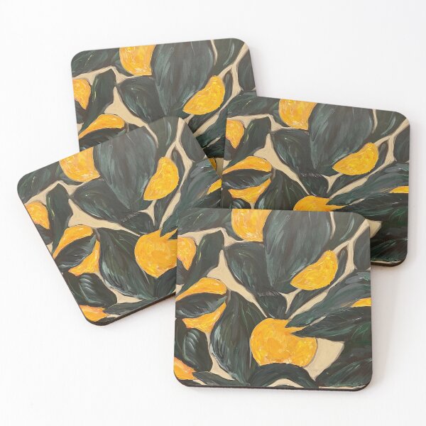 Item preview, Original acrylic peaches w dark green leaves patterned art painting botanical boho designed and sold by Paintingladycat.
