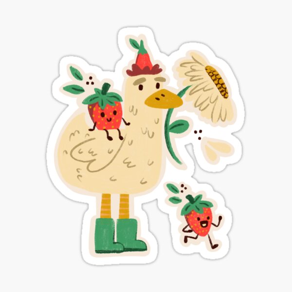 Ente mit Erdbeerfreunden und frischen Blumen Sticker