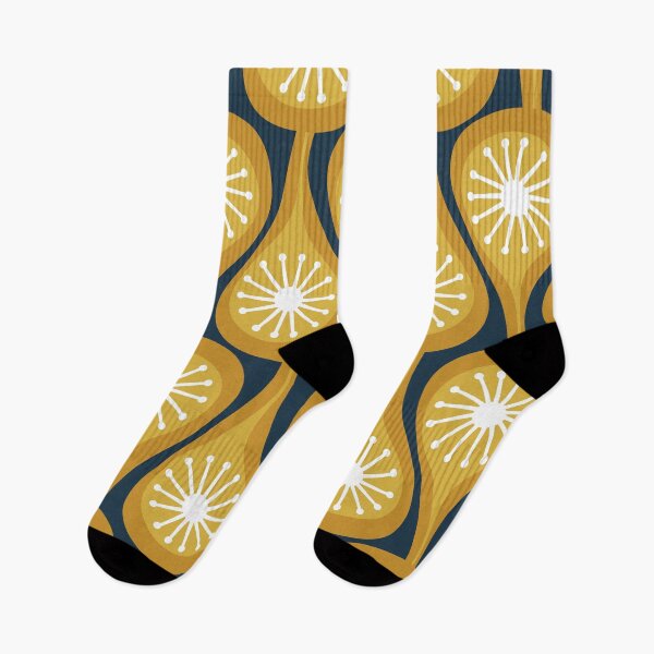 Item preview, Mid Century Modern Atomic Drops Retro Pattern Mustard Yellow Navy Blue White designed and sold by kierkegaard.