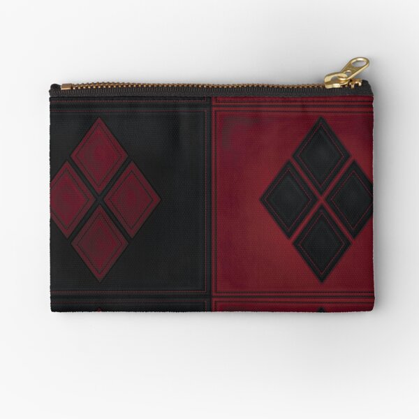Patchwork Red & Black Leather Effect Motley with Diamond Patches 4 Zipper Pouch