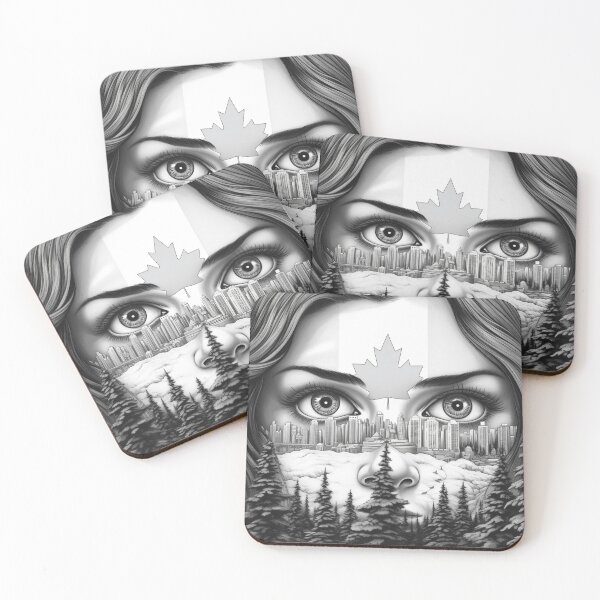 Item preview, Canada Design Black and White Woman Face Illustration Snow Canadian Poster Monochrome Maple Leaf designed and sold by Univers Noir et Blanc.