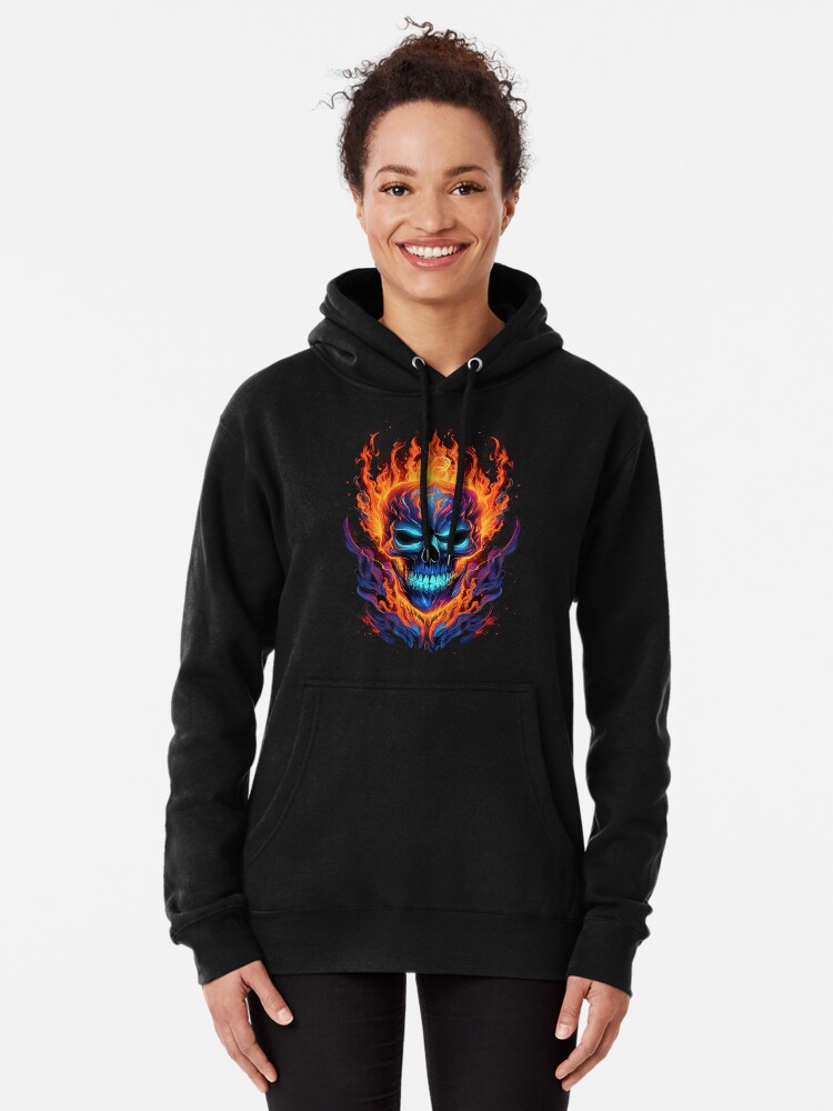 Flaming Skull Red Orange & Blue Cool Skeleton Skull Graphic Pullover Hoodie  for Sale by SpookshowDesign