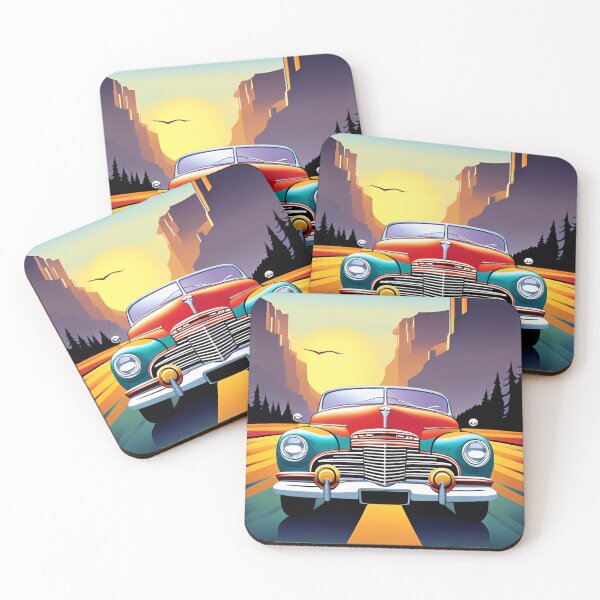 Artikelvorschau, Retro-Auto fährt vor einem Sonnenuntergang entworfen und verkauft von toonydesigns.