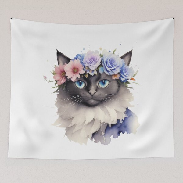 Item preview, Cat with blue flowers designed and sold by Harmonysens.