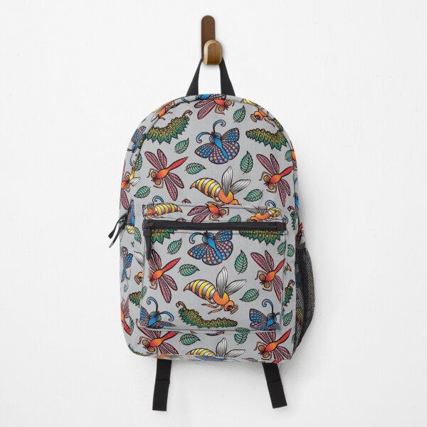 Item preview, RETRO BUGS Insect Butterfly Dragonfly Caterpillar Bee Pattern with Cartoon Tattoo Style in Bright Rainbow Colours on Light Gray - UnBlink Studio by Jackie Tahara designed and sold by Jackie Tahara of UnBlink Studio.