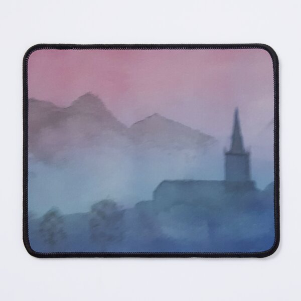 Item preview, Misty village with steeple rising amongst the mountains designed and sold by RockPaperArt.