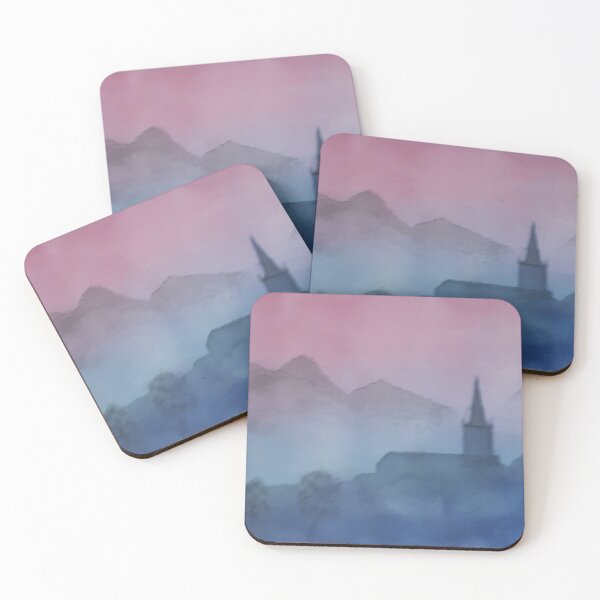 Item preview, Misty village with steeple rising amongst the mountains designed and sold by RockPaperArt.