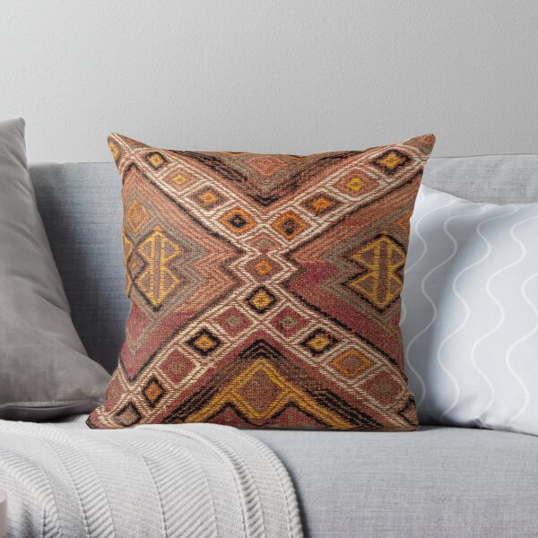 Antique Anatolian Kilim Print, Warm Colored and Uniqe Shaped. Throw Pillow