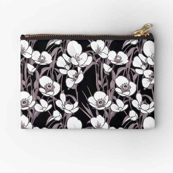 Small White Flowers with Black Background Floral Design Zipper Pouch