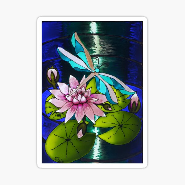Pink lily pad flower with dragonfly visitor Sticker