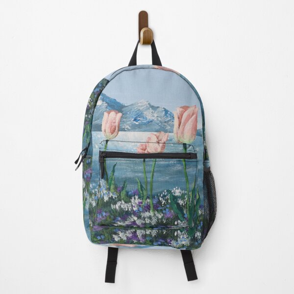 Item preview, Aesthetic Nature Snow Mountain Blue Sparkling Sea Flower Field Pink Tulips  designed and sold by LEILA ART SPACE.
