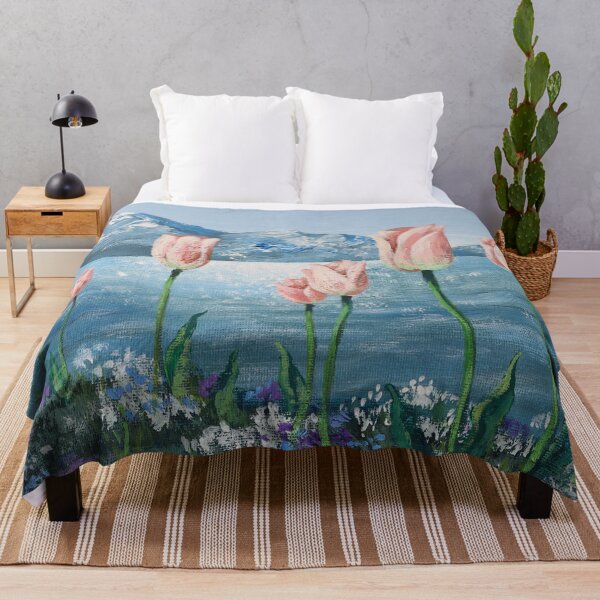 Item preview, Aesthetic Nature Snow Mountain Blue Sparkling Sea Flower Field Pink Tulips designed and sold by LEILA ART SPACE.