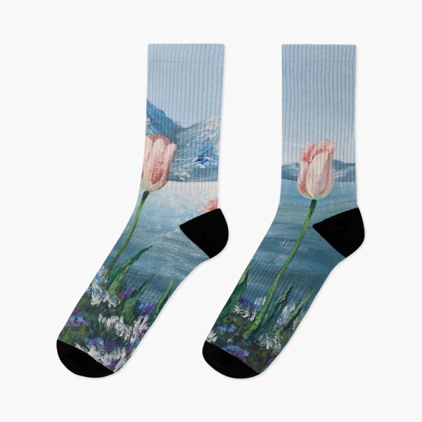 Item preview, Aesthetic Nature Snow Mountain Blue Sparkling Sea Flower Field Pink Tulips  designed and sold by LEILA ART SPACE.
