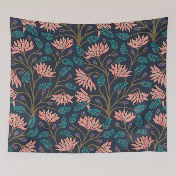 Item preview, VICTORIANA Modern Victorian Dark Moody Floral Botanical Pattern in Coral Teal Purple Brown on Midnight Blue - UnBlink Studio by Jackie Tahara designed and sold by Jackie Tahara of UnBlink Studio.