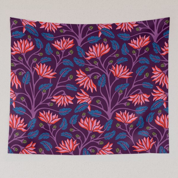 Item preview, VICTORIANA Modern Victorian Bright Antique Floral Botanical Pattern in Fuchsia Hot Pink Red Purple Green Blue on Dark Aubergine Purple - UnBlink Studio by Jackie Tahara designed and sold by Jackie Tahara of UnBlink Studio.