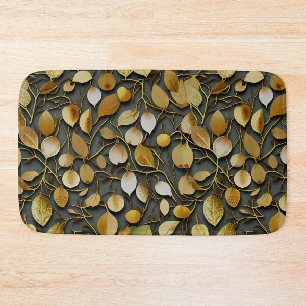 Eucalyptus Botanical Green and Gold Brown Bath Mat, Non-slip