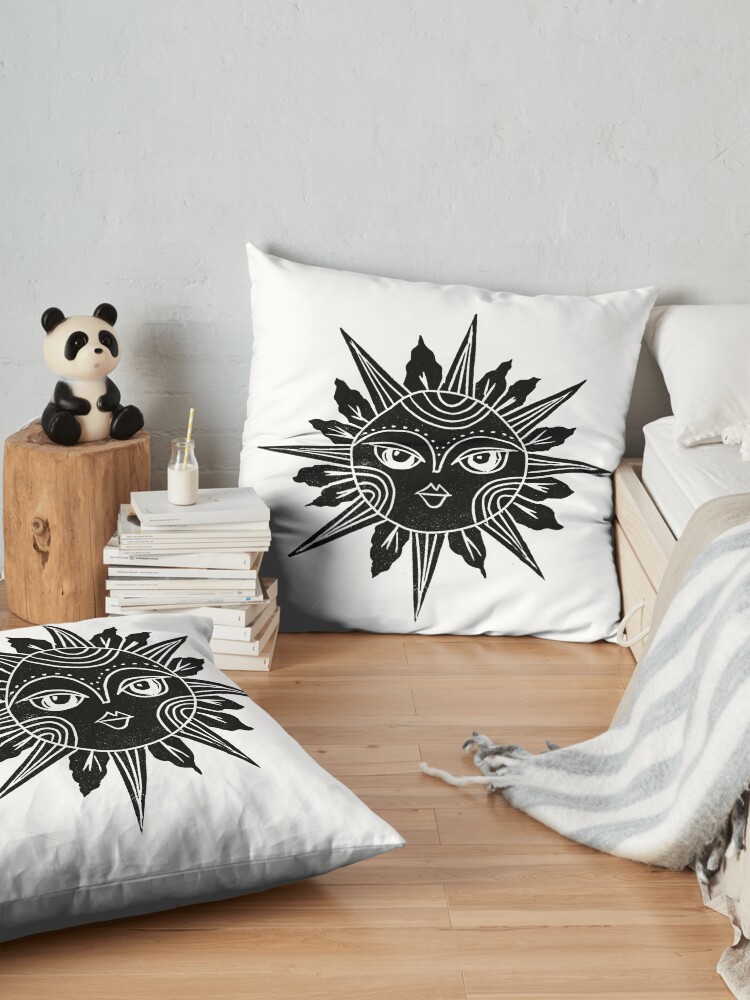 Linocut Sun Moon Face Black And White Illustration Floor Pillow For