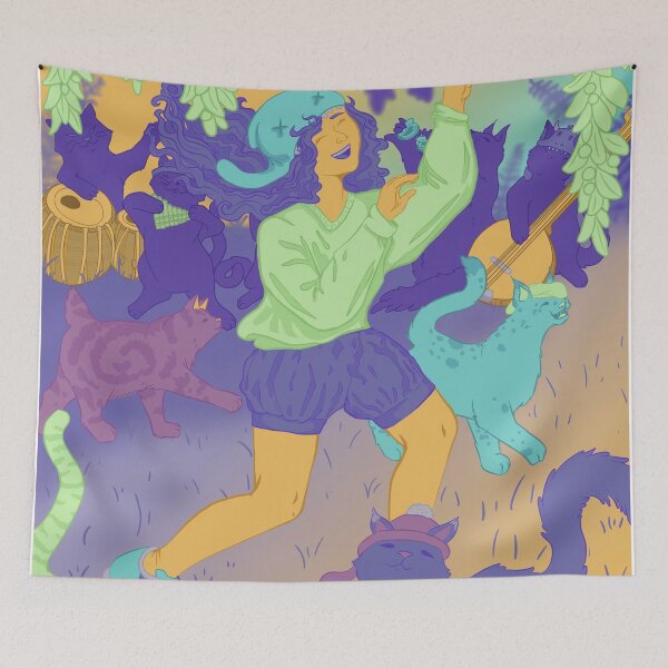 Item preview, Girl Dancing with cats colorful art designed and sold by Little Creature Creations.