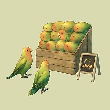 Lovebird Parrots and Mangos (green mango version)