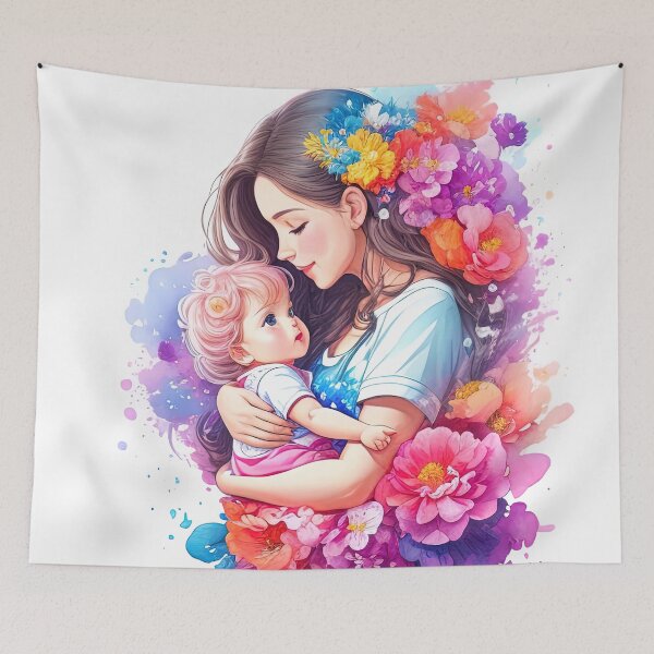 Item preview, Loving mother holding child with vibrant flowers illustration designed and sold by RK - Shop.