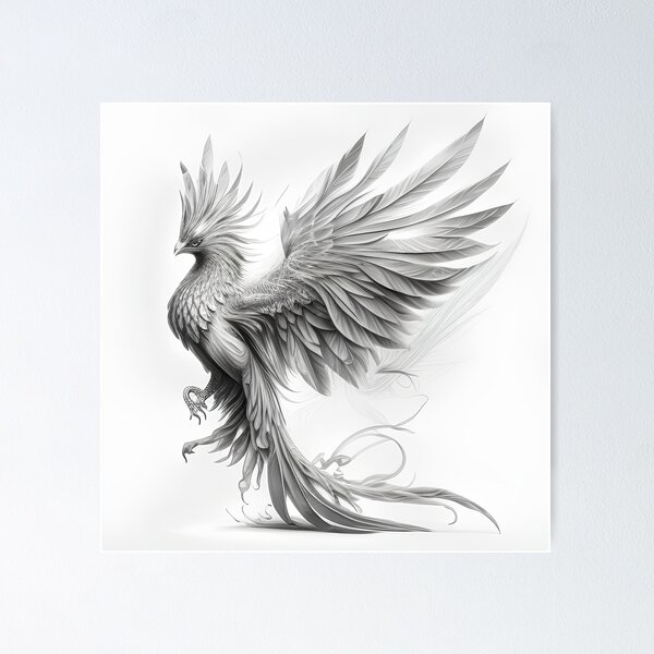 Lexica - Transparent canvas with an INK DRAWING MYSTICAL and magical Phoenix  in black and white with hint of bright orange