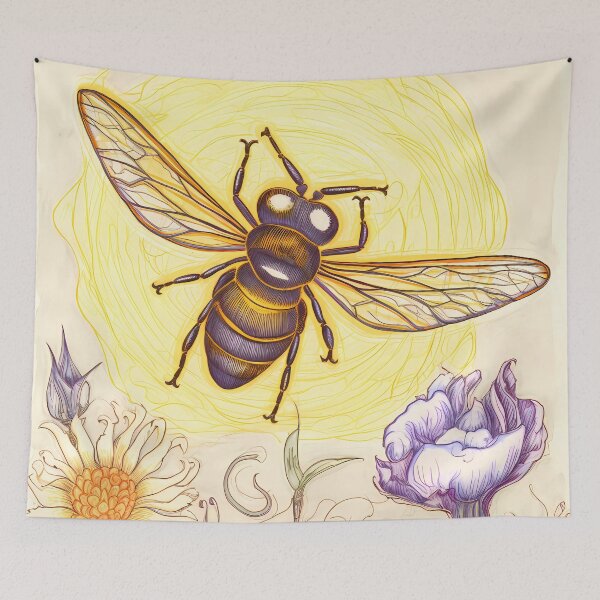 Item preview, Vintage bee with daisy, flowers and sun designed and sold by ZombiOctopi.