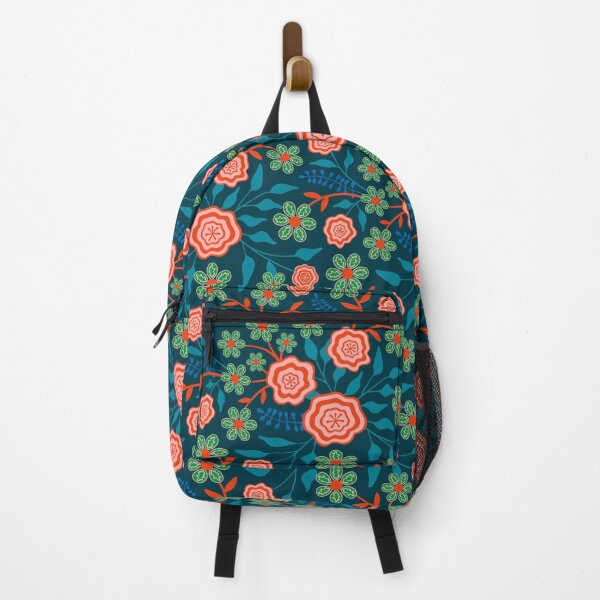 Item preview, MARY Abstract Floral Botanical in Bright Retro Coral Orange Blue Green on Dark Blue - UnBlink Studio by Jackie Tahara designed and sold by Jackie Tahara of UnBlink Studio.