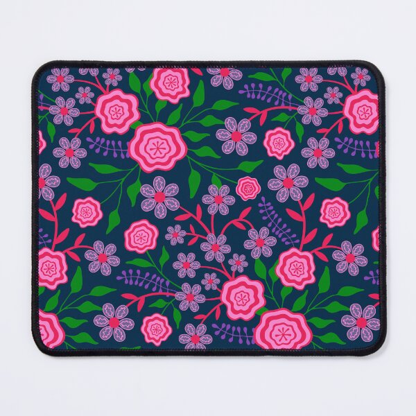 Item preview, MARY Abstract Floral Botanical in Bright 1970s Retro Fuchsia Pink Green Lavender Purple on Dark Blue - UnBlink Studio by Jackie Tahara designed and sold by Jackie Tahara of UnBlink Studio.