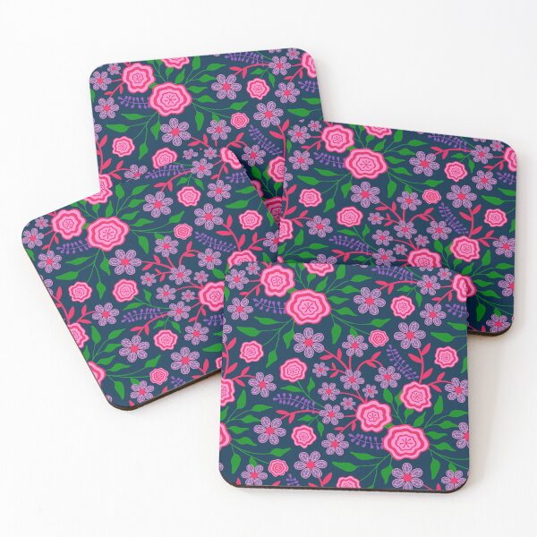 Item preview, MARY Abstract Floral Botanical in Bright 1970s Retro Fuchsia Pink Green Lavender Purple on Dark Blue - UnBlink Studio by Jackie Tahara designed and sold by Jackie Tahara of UnBlink Studio.