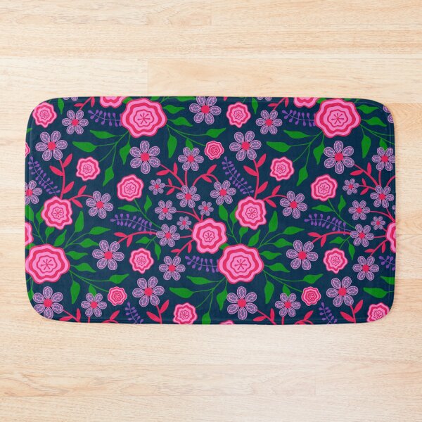 Item preview, MARY Abstract Floral Botanical in Bright 1970s Retro Fuchsia Pink Green Lavender Purple on Dark Blue - UnBlink Studio by Jackie Tahara designed and sold by Jackie Tahara of UnBlink Studio.