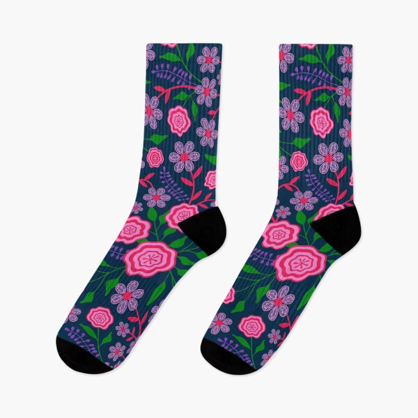 Item preview, MARY Abstract Floral Botanical in Bright 1970s Retro Fuchsia Pink Green Lavender Purple on Dark Blue - UnBlink Studio by Jackie Tahara designed and sold by Jackie Tahara of UnBlink Studio.