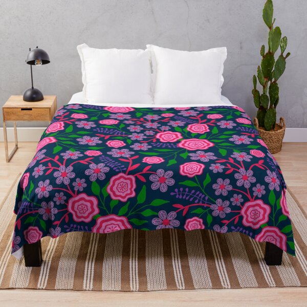 Item preview, MARY Abstract Floral Botanical in Bright 1970s Retro Fuchsia Pink Green Lavender Purple on Dark Blue - UnBlink Studio by Jackie Tahara designed and sold by Jackie Tahara of UnBlink Studio.