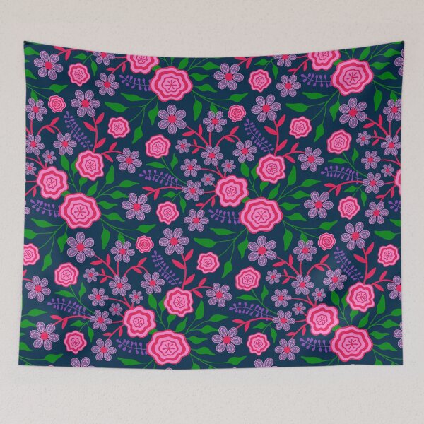Item preview, MARY Abstract Floral Botanical in Bright 1970s Retro Fuchsia Pink Green Lavender Purple on Dark Blue - UnBlink Studio by Jackie Tahara designed and sold by Jackie Tahara of UnBlink Studio.