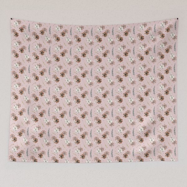 Item preview, Watercolor pastel pink cotton and field flowers, eucalyptus branches and wheat botanical floral seamless pattern designed and sold by Elena Malgina.