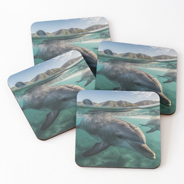 Item preview, Two Dolphins Swimming in front of Tropical Island designed and sold by NoWayy.
