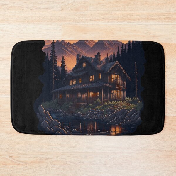 Item preview, Wooden house among the mountains at sunset designed and sold by ArtCraftLab.
