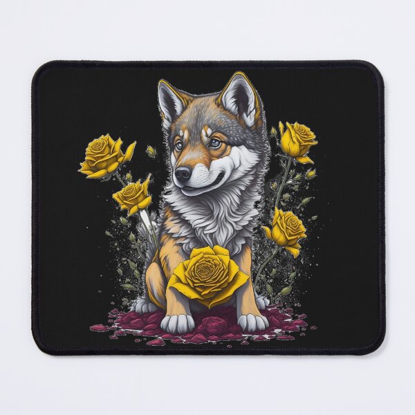 Artikelvorschau, Wolfsjunges zwischen gelben Blumen. entworfen und verkauft von BaliamShop.