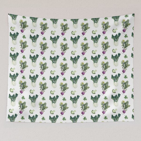 Item preview, Watercolor vegan friendly botanical seamless pattern with vegetables on white background. Kohlrabi, broccoli, parsley and Chinese cabbage designed and sold by Elena Malgina.
