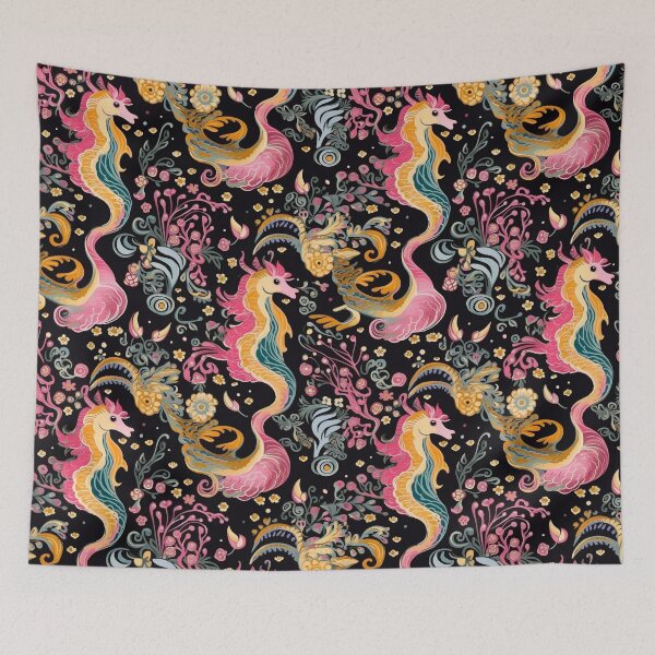 Item preview, Hot Pink Seahorse Art Pattern on Black High Contrast Sea Horses designed and sold by EmilyFNM3D.