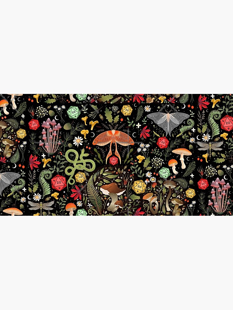 Thumbnail 5 of 5, Mouse Pad, DRUID COTTAGECORE DND PATTERN: Dice, Spore Mushrooms, Moth, Snake,Butterfly, Flowers designed and sold by DungeonAtelier.
