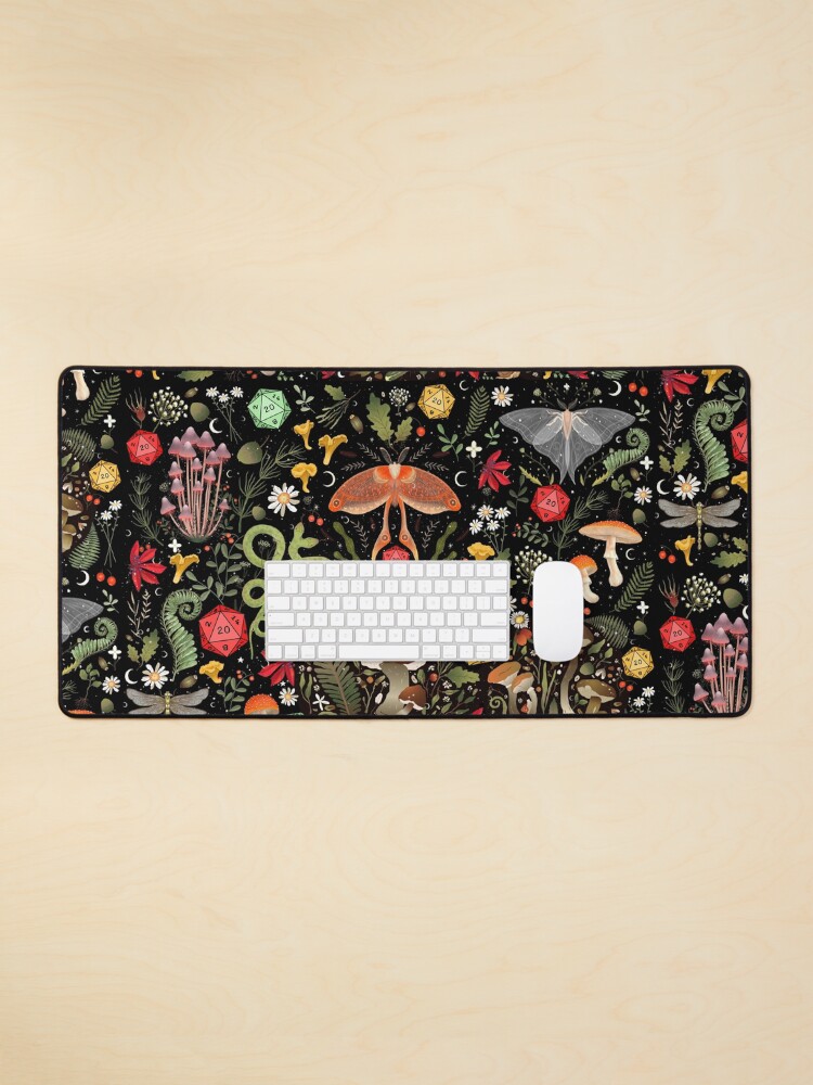 Thumbnail 1 of 5, Mouse Pad, DRUID COTTAGECORE DND PATTERN: Dice, Spore Mushrooms, Moth, Snake,Butterfly, Flowers designed and sold by DungeonAtelier.