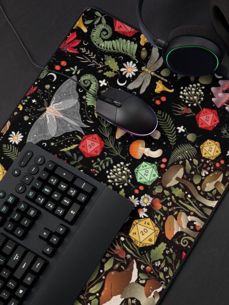 Thumbnail 4 of 5, Mouse Pad, DRUID COTTAGECORE DND PATTERN: Dice, Spore Mushrooms, Moth, Snake,Butterfly, Flowers designed and sold by DungeonAtelier.