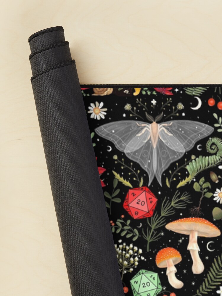 Thumbnail 2 of 5, Mouse Pad, DRUID COTTAGECORE DND PATTERN: Dice, Spore Mushrooms, Moth, Snake,Butterfly, Flowers designed and sold by DungeonAtelier.