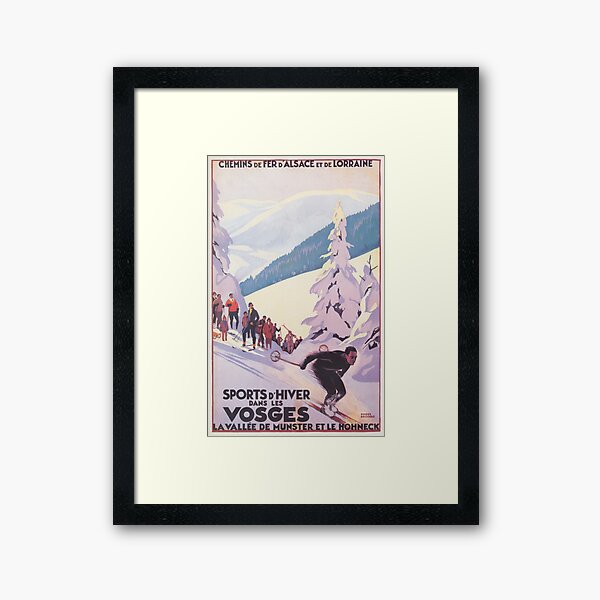 Vosges, France Affiche de voyage de ski vintage Impression encadrée