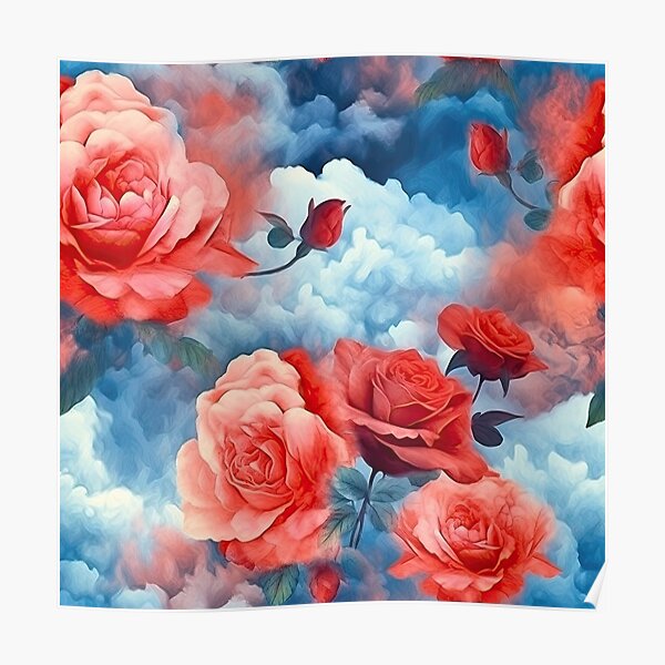 Classics - Divine Garden Pink and Red Roses in darkened blue soft clouds Poster