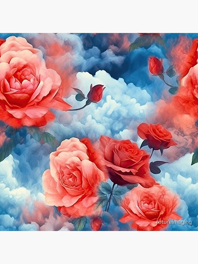 Artwork view, Classics - Divine Garden Pink and Red Roses in darkened blue soft clouds designed and sold by futureimaging