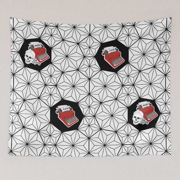 Item preview, "Love" Typewriters and "Write or die trying" with Skull in Poppy Red on Heptagon Tesselation Lattice in Black and White designed and sold by leonardoscompas.