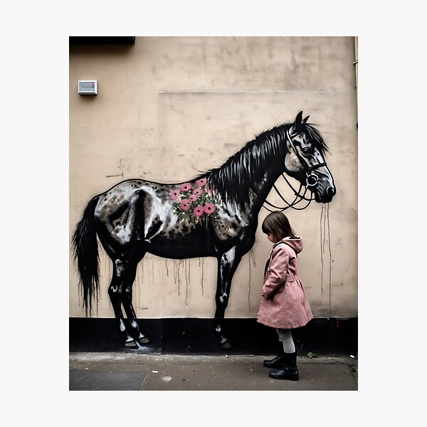 Item preview, Girl and horse street art Banksy style designed and sold by SleepySquirrel.