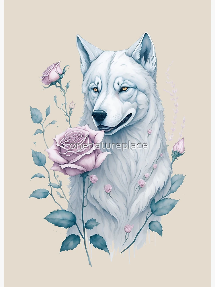 WF06 wild wolf wild rose - white/ grey wolf with pink romantic flowers   Art Board Print for Sale by onenatureplace | Redbubble